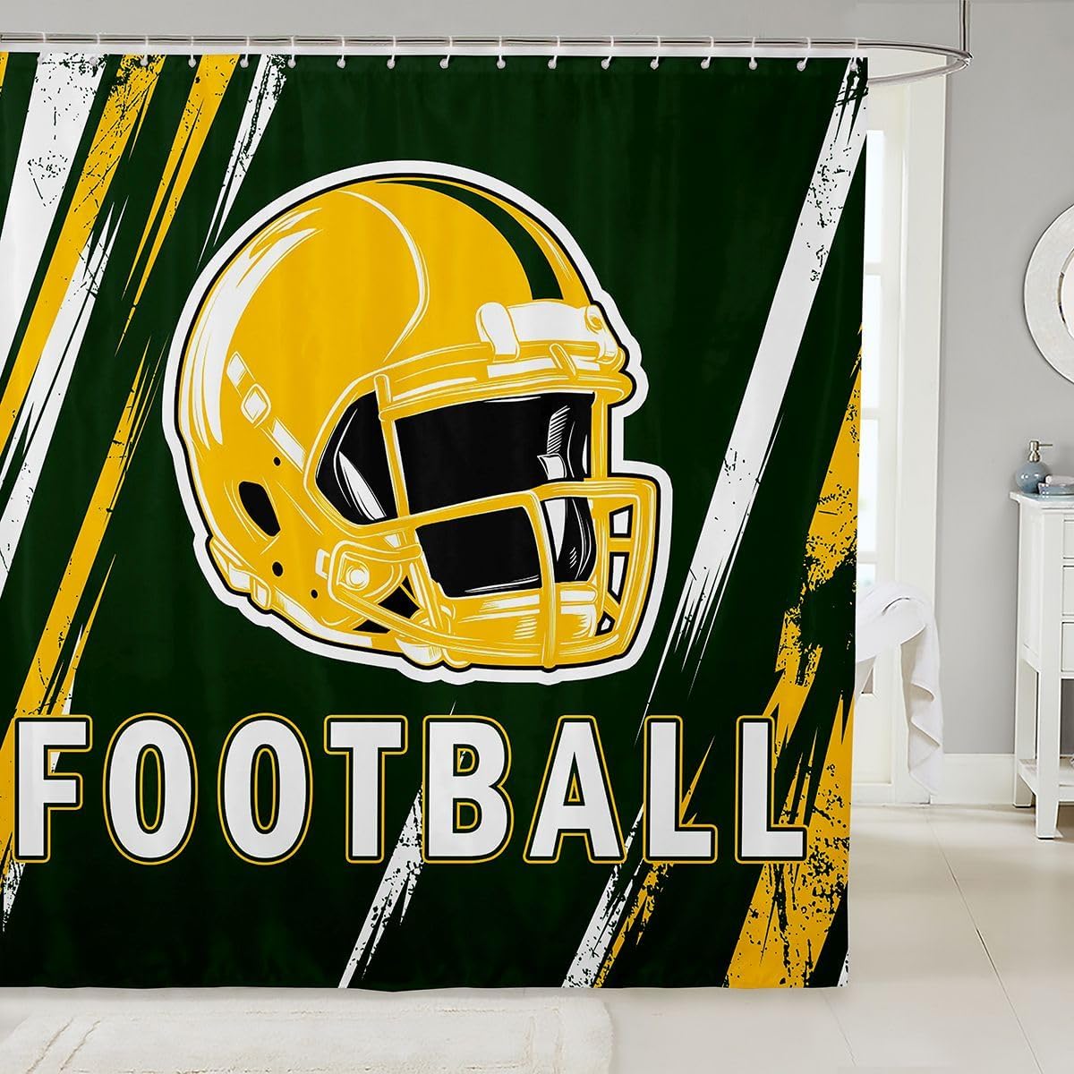 Erosebridal Sports Helmet Shower Curtain Gridiron Kids Bathtub Decor, Grunge Retro Ball Game Fabric Shower Curtain Rugby Yellow Stripes Bathroom Accessories 72" Wx78 L