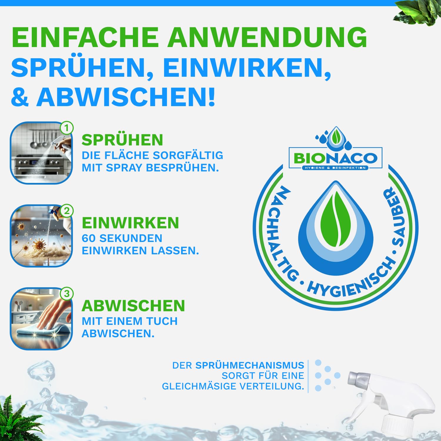 Bionaco Desinfektionmittel - Alkoholfreies Reinigungsmittel zur Desinfektion, Hygiene-Spray für Oberflächen und Gegenstände, nachhaltiger & naturnaher Wirkstoff-Komplex, Made in Germany (1L Sprühkopf)