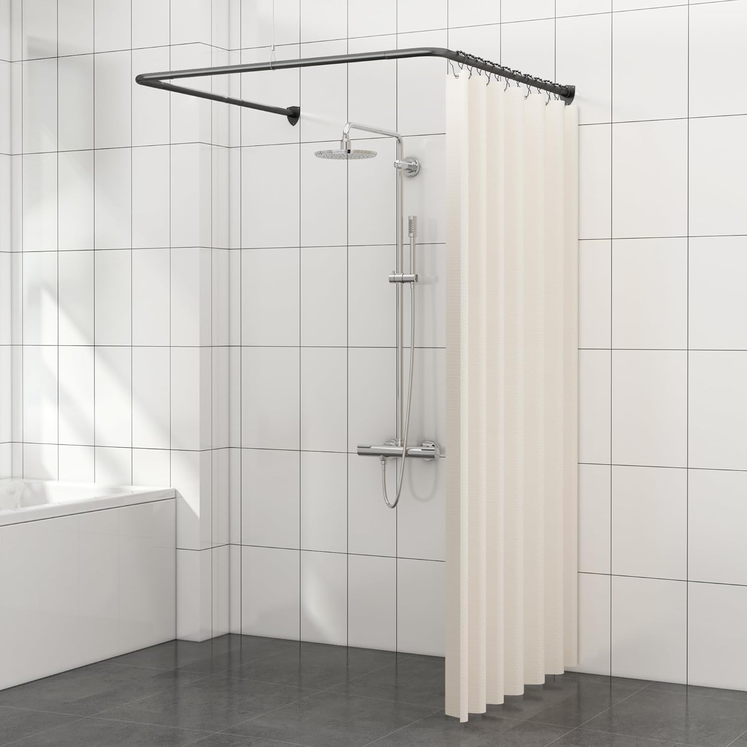 U Shaped Shower Curtain Rod, Adjustable Corner Shower Curtain Rod for Bathroom, Clothing Store, Stainless Steel with 12 Ring Hooks & Ceiling Support [Both Sides: 23.6"-52", Middle: 31"-46.7"] (Black)