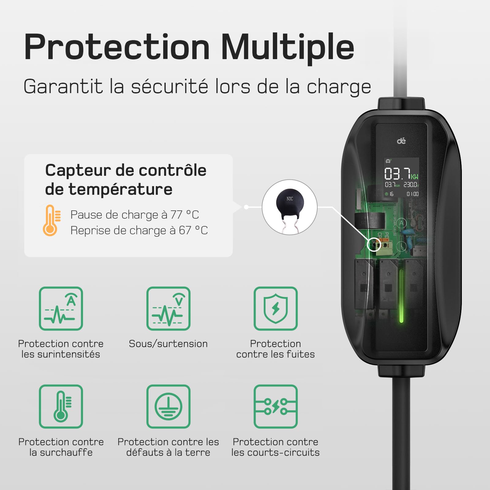 dé Chargeur Voiture Electrique 3,68kW [6m, 6/8/10/13/16A] Cable Type 2 Recharge avec Affichage Numérique Contrôlable Compatible avec e-208, Spring, 500e, Model 3, Megane EV, Zoe et Autres EV et PHEV