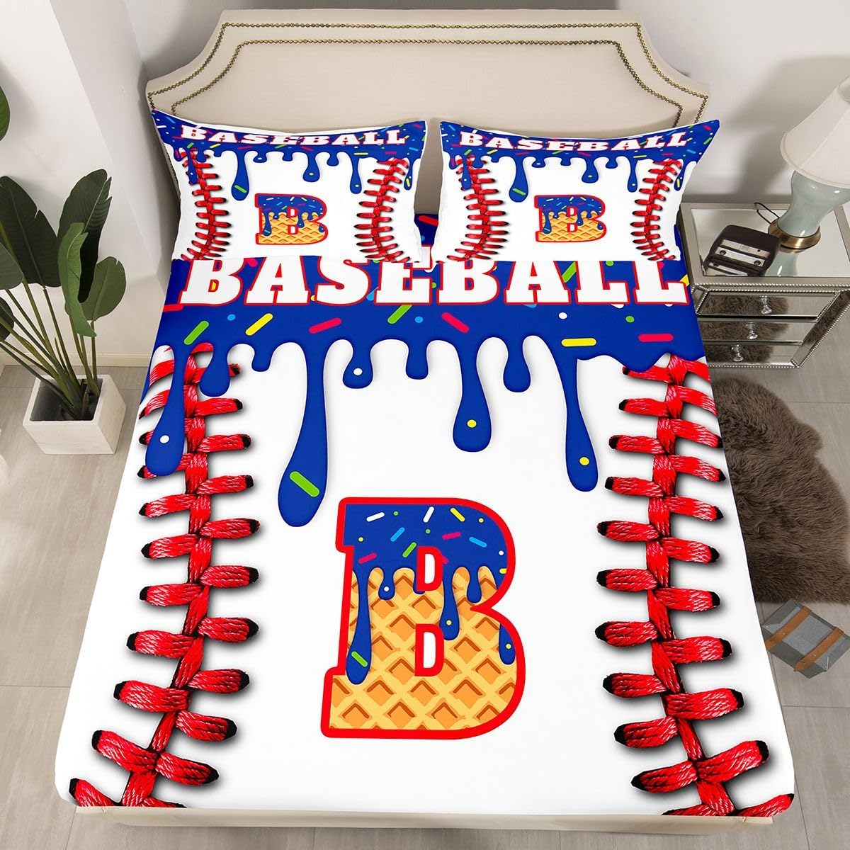 Custom Baseball Fitted Sheet with 2 Pillowcases Personalized Initial B Bedding Room Decor Gift for Baseball Lovers Bed Sheets Set 16" Deep Pocket Full Size Sports Red and Blue 2Pcs Microfiber
