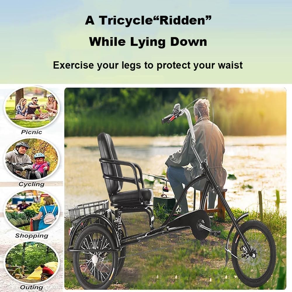 Adult Reclining Tricycle,Adult Cruising Tricycle,Adjustable Seat Cushion,396lbs Weight Capacity,with Basket,Leg Exercises,Comfortable & Stable Ride