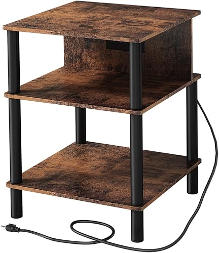 AKAKON Mesa auxiliar con estación de carga, mesa auxiliar cuadrada grande con tomas de corriente y puertos USB, mesa de centro de almacenamiento