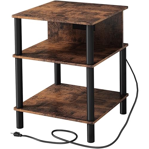 AKAKON End Table with Charge Station-Square Large Side Table with Outlets and USB Ports-Storage Coffee Table for Living Room-Wood 19"x19"x25" (No Drawer)