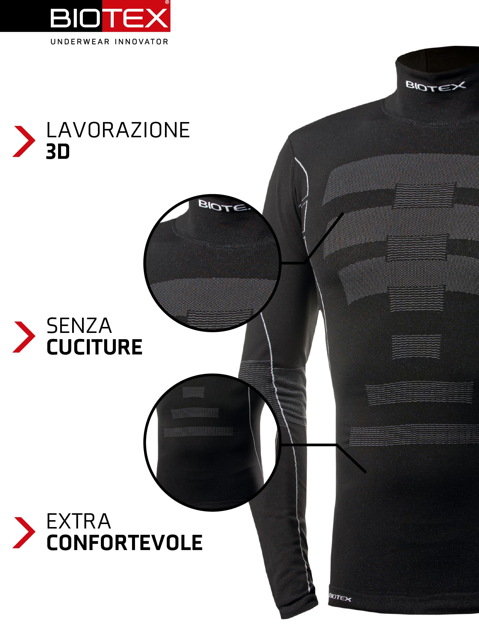 BIOTEX Lupetto Warm Effect per Ciclismo e Running, Intimo Tecnico Sportivo, Maglia Termica a Manica Lunga a Collo Alto, Nero