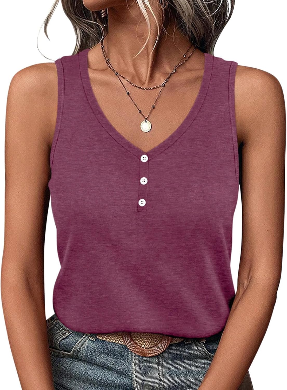 PGANDS Women's V Neck Tank Tops Casual Summer Button Down Sleeveless Shirts