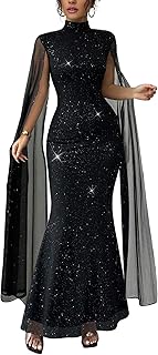 Women's Cape Sleeve Mesh Maxi Dress Elegant High Neck Formal Evening Gow...