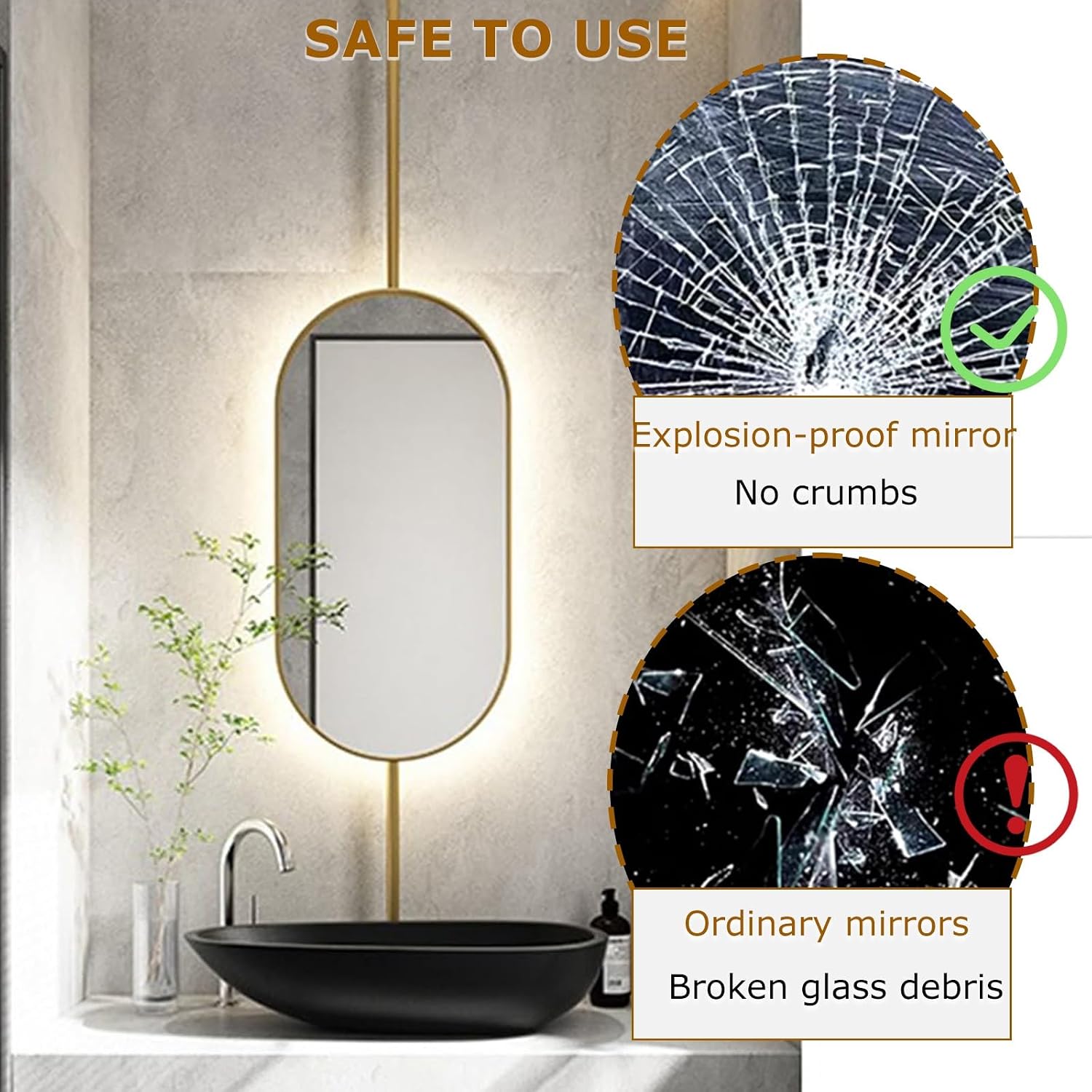 Ceiling Mounted Mirror Ceiling Mount Bathroom Wall Decor Mirror For Hanging Rod Corner Mirrors For Bathroom Oval Wall Large Vanity Mirrors Entryway Suspended Floor Bedroom Bathrooms Metal Pole LED(Gol