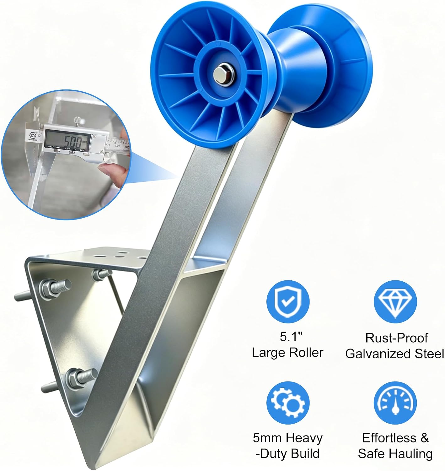 Boat Trailer Winch Stand, 5mm Galvanized Steel, 5.1" Blue PU Roller & U-Bolts, Fits 2"-3" Winch Posts for Fishing Boat, Jet Ski, Speedboat, Sailboat