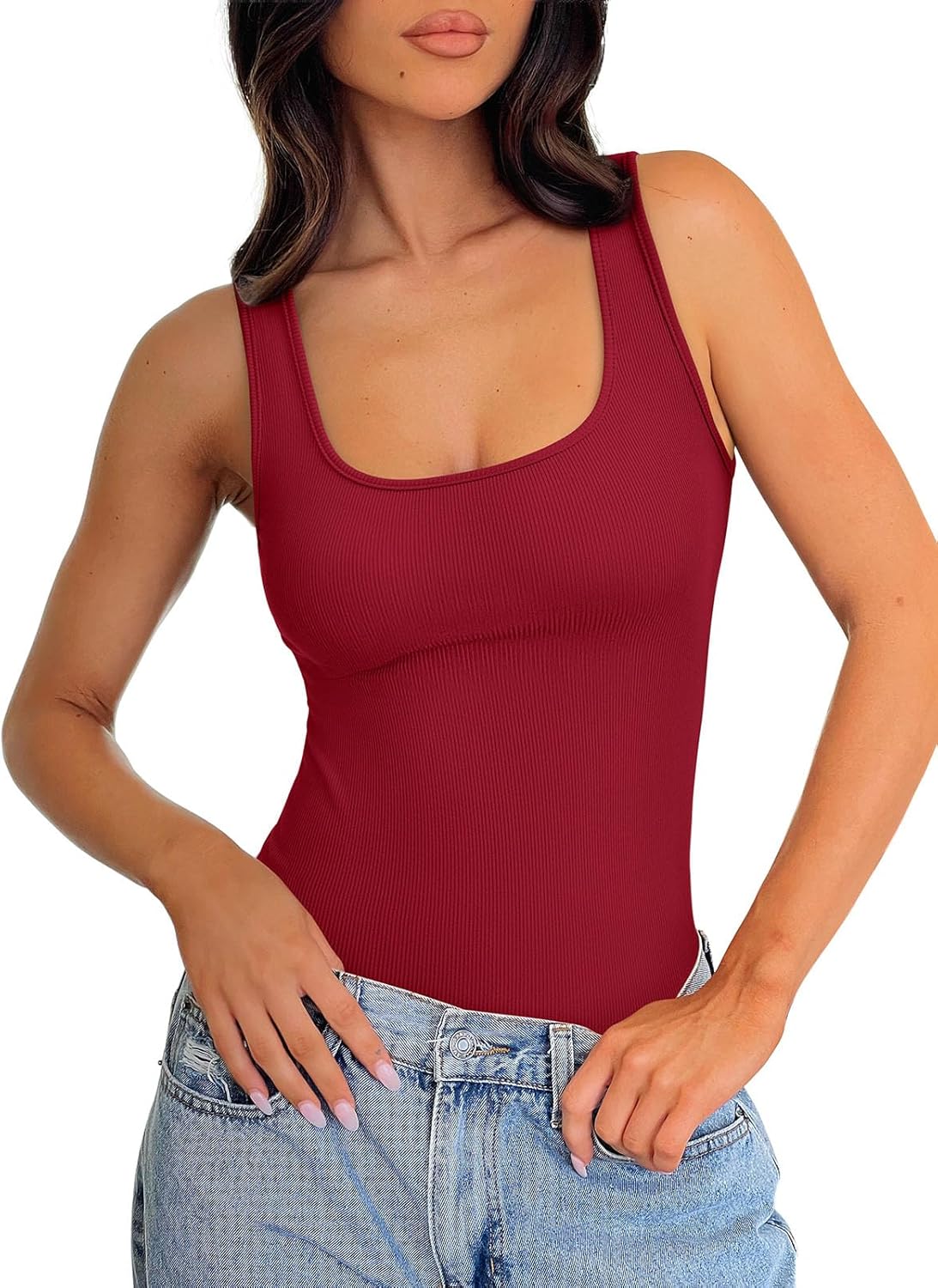 REORIA Body Suits Tank Top for Women Scoop Neck Sleeveless Ribbed Sexy Slimming Bodysuit Tops 2026 Summer Going Out Outfits - Image 2