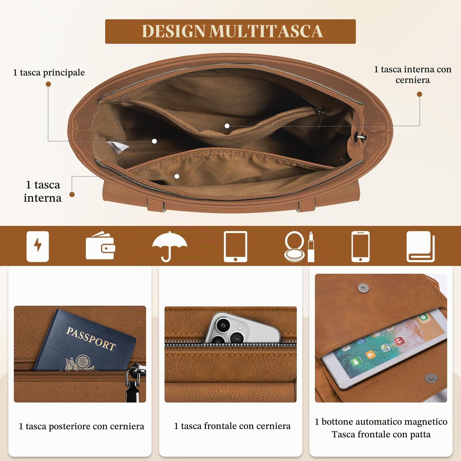 RAINSMORE Borsa Tracolla Donna Borse a Tracolla Borsetta Donna | Multitasche Borse a Spalla in Pelle Media Crossbody Bag per la Shopping Scuola Lavoro Viaggio