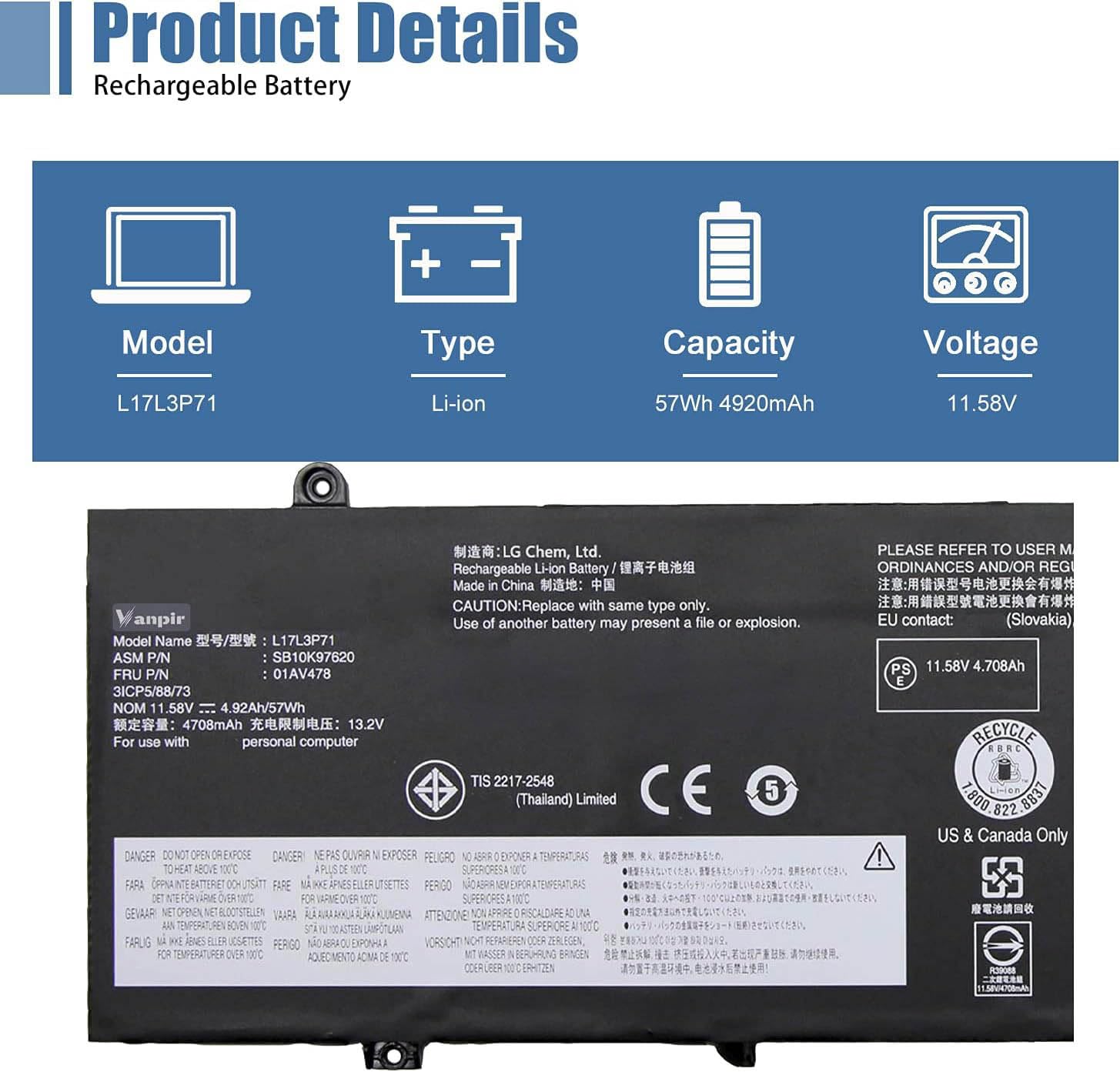Amazon.com: VANPIR L17L3P71 01AV478 Laptop Battery Compatible with