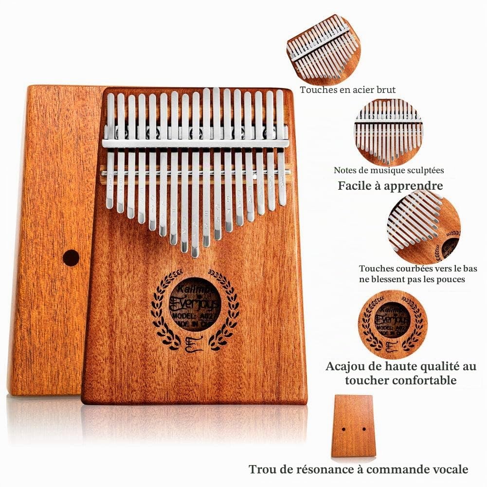 Everjoys Kalimba Piano à pouces 17 touches, Marimbas à doigts portables avec sac de transport, livre de chansons rapide à apprendre, marteau d'accordage, kit tout-en-un