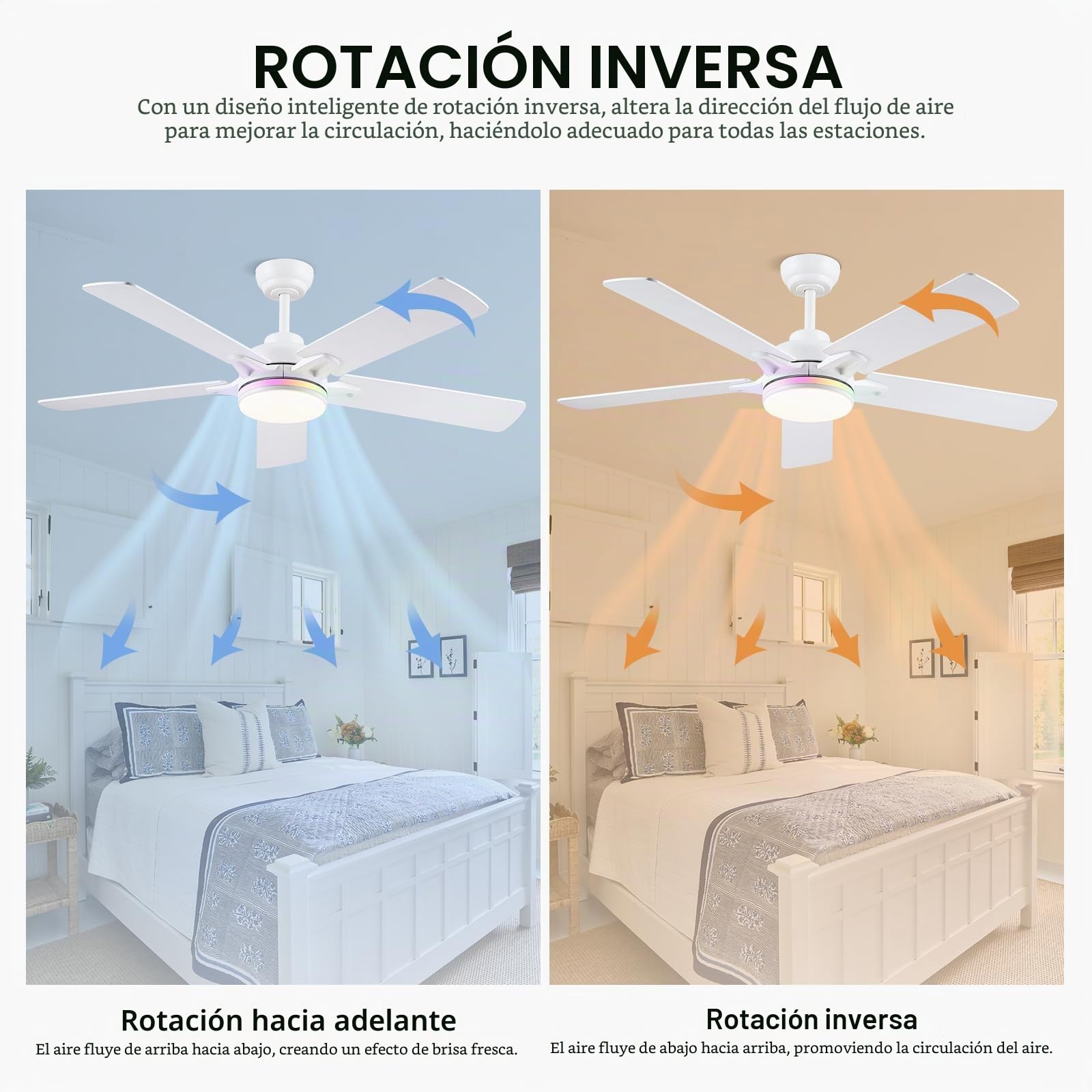 Kviflon RGB Ventilador de Techo con Luz Silencioso 132 cm, Modernos Ventiladores de Techo con Mando a Distancia y APP para Dormitorio Salon, Motor dc Reversible, LED Regulable, Aspas de Madera, Blanco