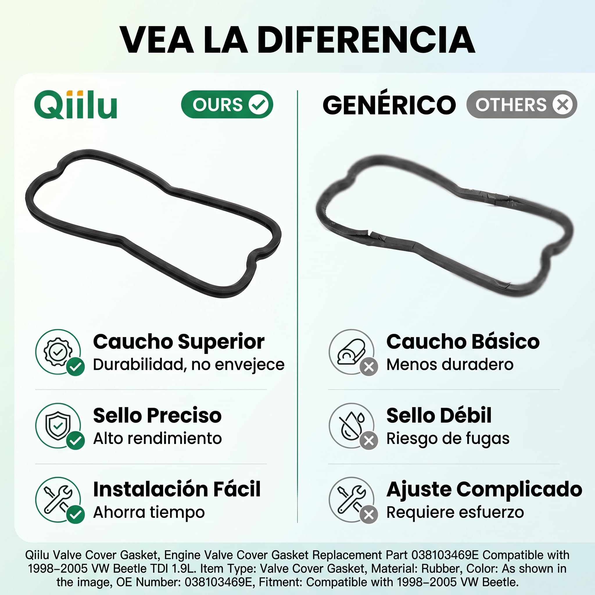 Qiilu Junta de tapa de válvula, junta de tapa de válvula de motor 038103469E Reemplazo de accesorio de coche apto para 1998-2005 TDI 1.9L