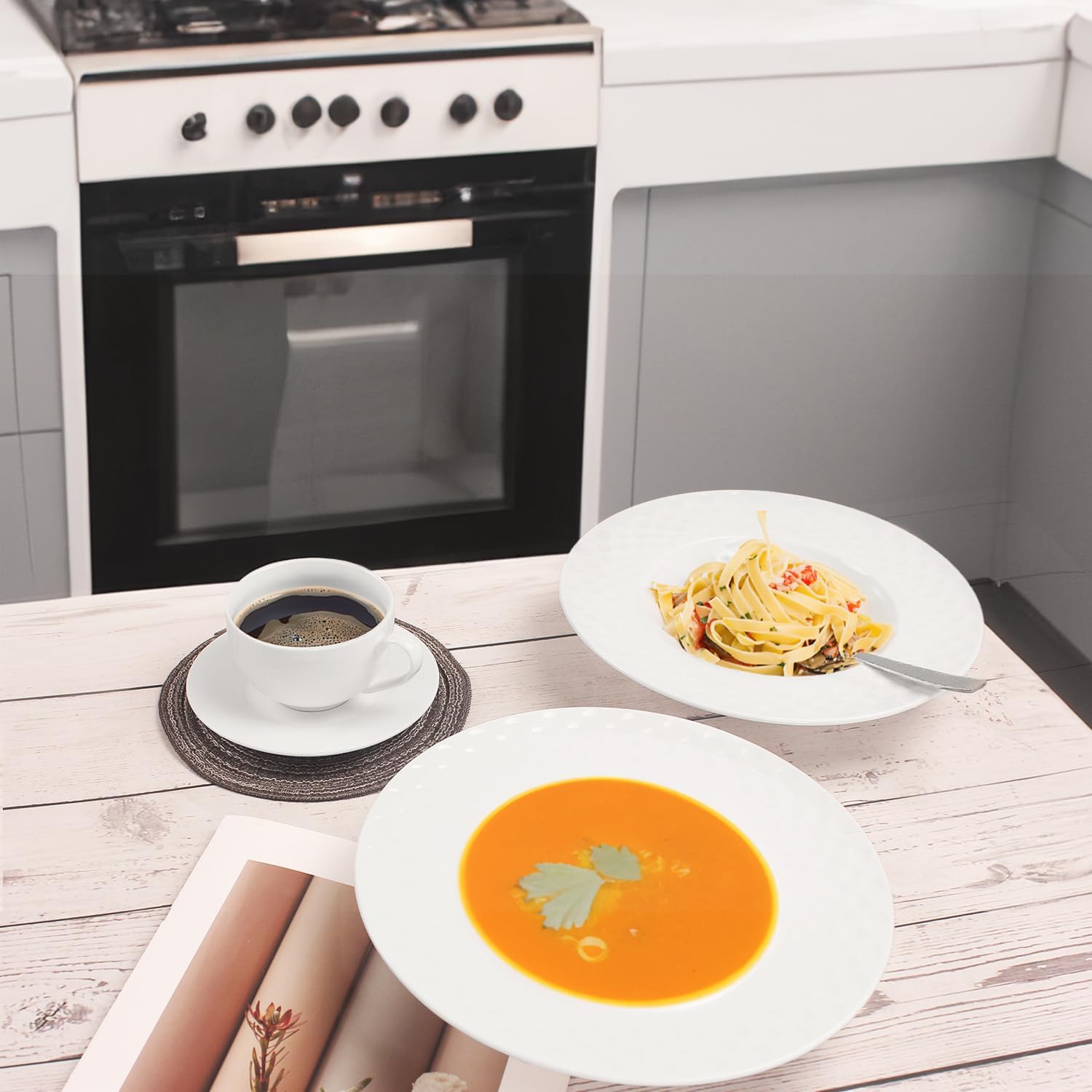 Soup Bowls, Pasta Bowls Plates, White Salad Bowls Set of 4, Embossed Porcelain Wide Rim Bowls, 10 Oz, Microwave & Dishwasher Safe, Best for foodies and restaurants 9.8 Inch circular plaid