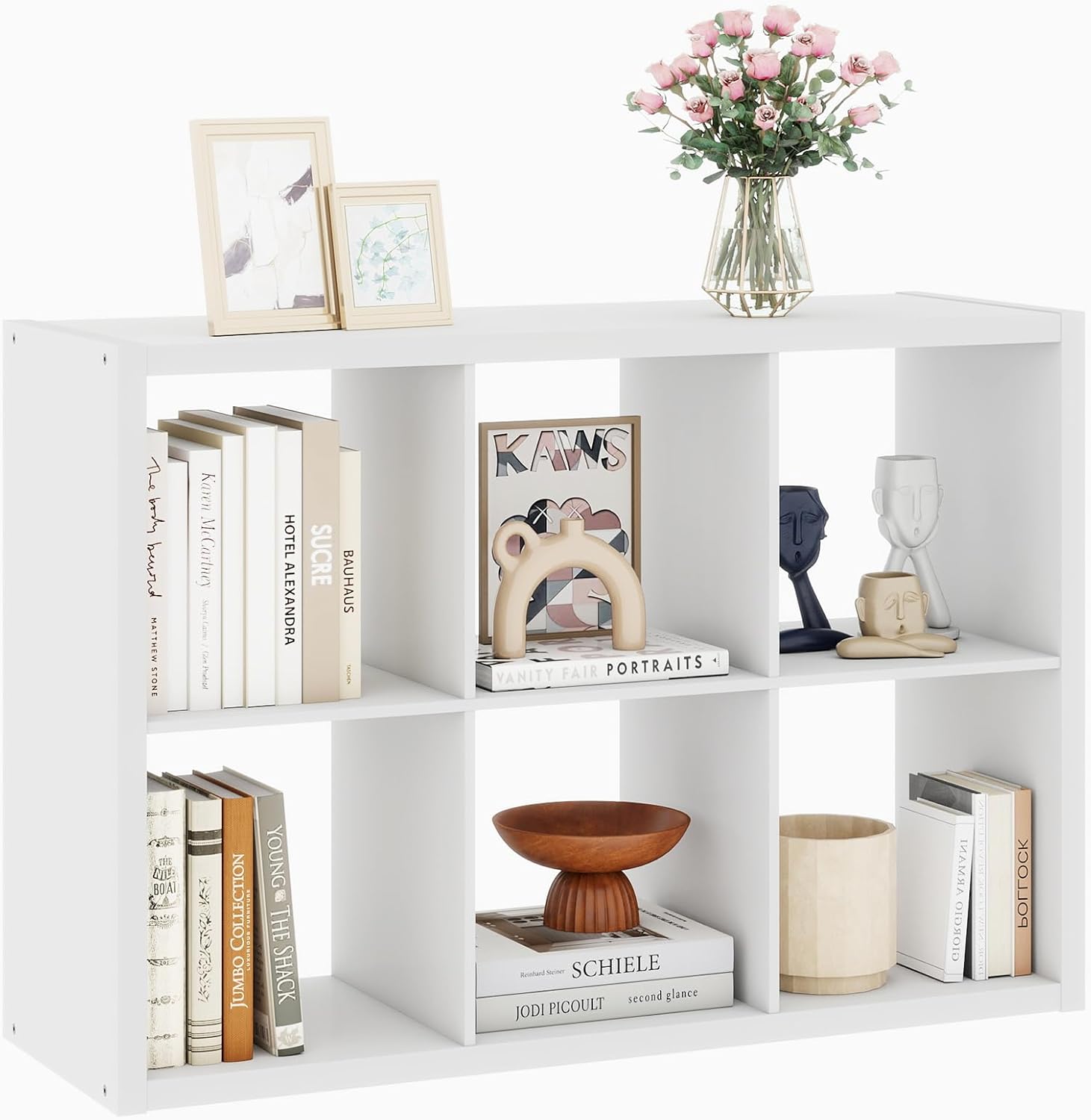 White 6 Cube Storage Organizer, 13 Inch Storage Organizer Cubes, Wooden Closet Cubby Shelving, Wood Vertical Bookshelf with 6 Cubby Shelves for Bedroom, Living Room, 14.6 x 43.8 x 30.7, White