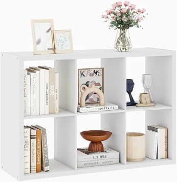 White 6 Cube Storage Organizer, 13 Inch Storage Organizer Cubes, Wooden Closet Cubby Shelving, Wood Vertical Bookshelf with 6 Cubby Shelves for Bedroom, Living Room, 14.6 x 43.8 x 30.7, White