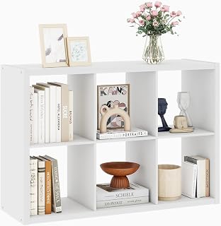 White 6 Cube Storage Organizer, 13 Inch Storage Organizer Cubes, Wooden Closet Cubby Shelving, Wood Vertical Bookshelf with 6 Cubby Shelves for Bedroom, Living Room, 14.6 x 43.8 x 30.7, White
