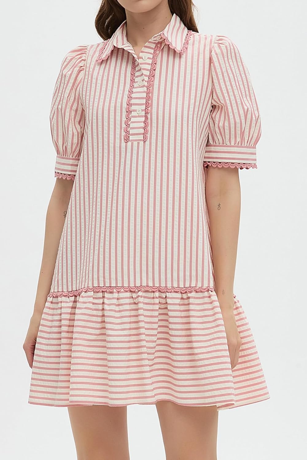 Striped Dress for Women Collared Short Puff Sleeve Ruffle Hem Summer Tunic Flowy Shirt Mini Dress - Image 3