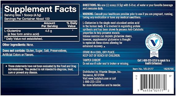 BodyTech Glutamine Powder - Supports Muscle Recovery, Immune Health & Exercise Performance - Unflavored (15.88 oz, 100 Servings)