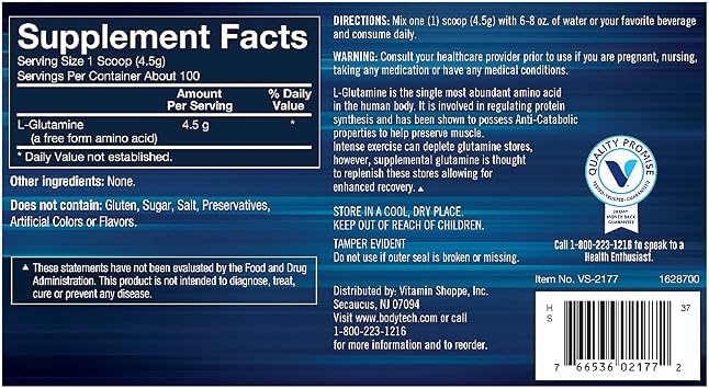BodyTech Glutamine Powder - Supports Muscle Recovery, Immune Health & Exercise Performance - Unflavored (15.88 oz, 100 Servings)