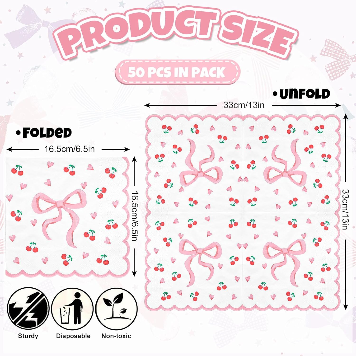 FYSUIMU 50Pcs Pink Bow Napkins Coquette Bow Cherry Heart Paper Scalloped Edge Napkin Disposable Luncheon Dinner Dessert Napkin for Valentine's Day Wedding Bridal Baby Shower Birthday Party Supplies