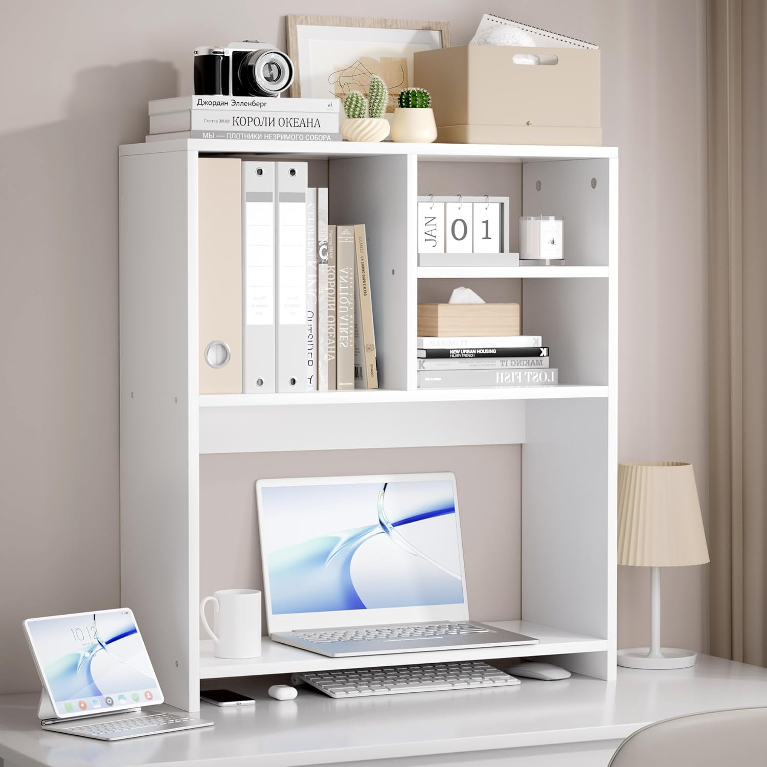 Jerry & Maggie Desktop Bookshelf Organizer, 4-Tier Desk Shelf with Hutch for Computer Desk, Wall Shelf Organizer & Room Decor Aesthetic, Dorm & Office Storage for Books, Laptop (White/26 in)