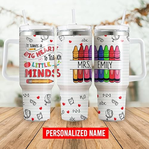 Miniatura 2 de La Fonte Vaso personalizado para profesor con asa y popote en inglés "It Takes A Big Heart", taza de café para profesores, taza de viaje para
