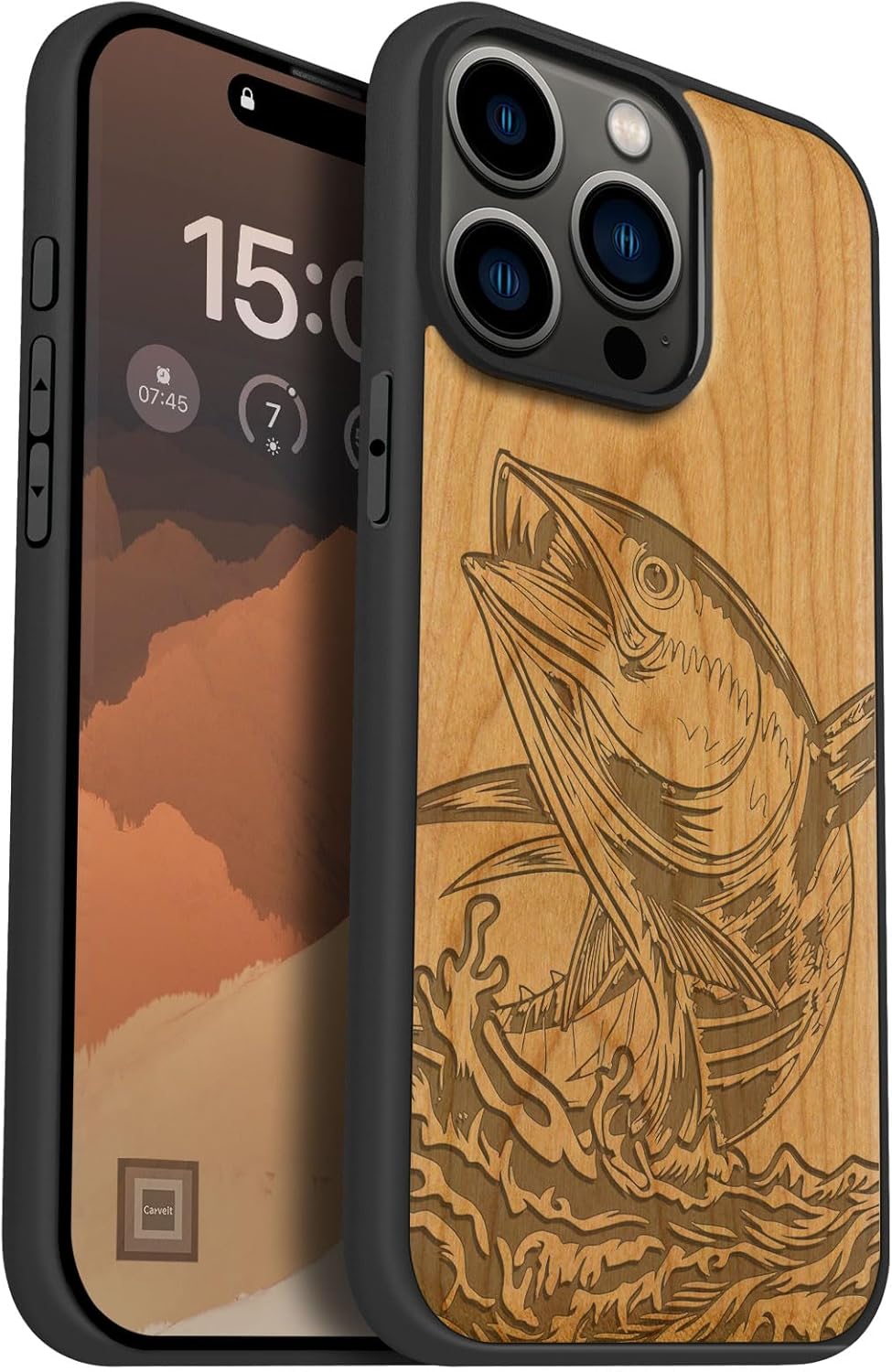 Carveit Magnetic Wooden Case for iPhone 15 Pro Max Case, Compatible with MagSafe Wireless Chargers, Black Soft TPU Shockproof Cover & Wood Artisan Engraved (The Tuna's Soar) - Cherry