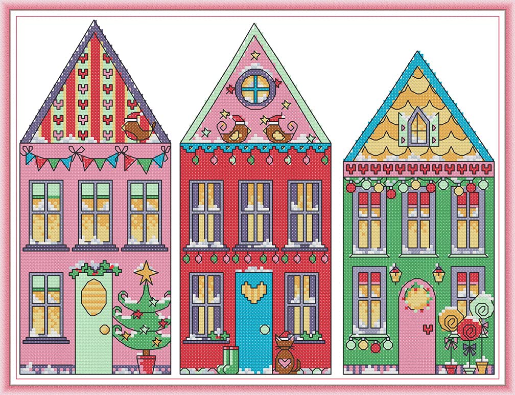 Amiiba Stamped Cross Stitch Kits, Merry Christmas Colorful House DIY 11CT 17.7x14.1 inch (House)