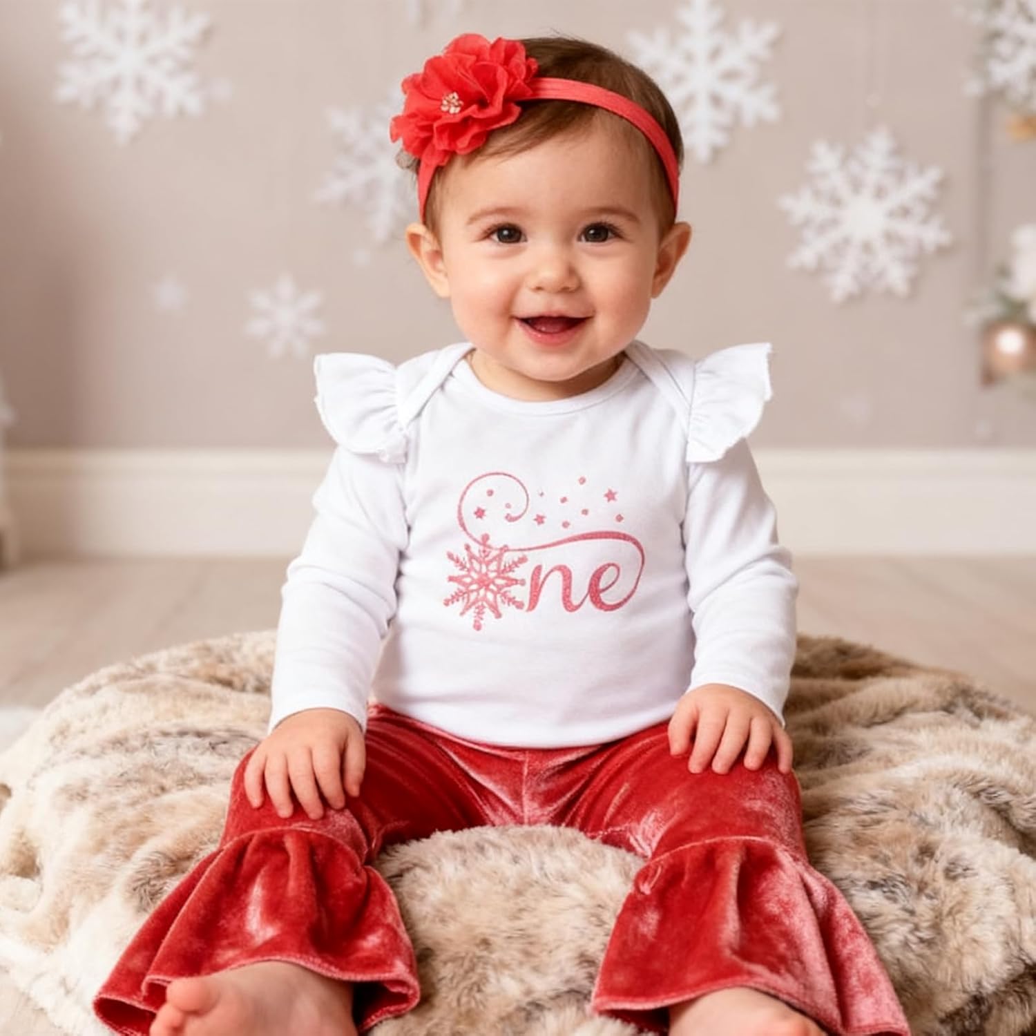 Viworld Baby Girl Birthday Clothes Snowflake First One Romper+Velvet Flared Pants-Hairband 3Pcs Cake Smash Outfits - Image 2