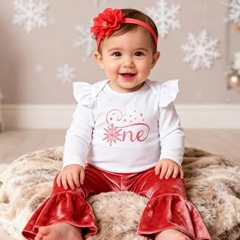 Baby Girl Birthday Clothes Snowflake First One Romper+Velvet Flared Pants-Hairband 3Pcs Cake Smash Outfits