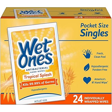 Wet Ones Citrus Antibacterial Hand and Face Wipes Singles, 24-Count (Pack of 2)
