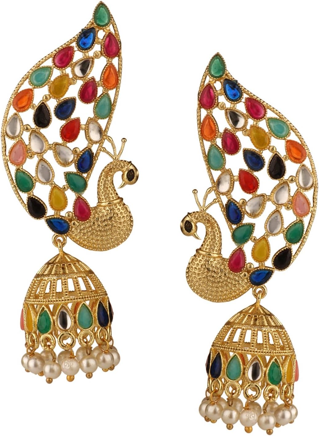 Jewel Pari Indian Bollywood 14K Gold Plated Crystal Kundan Pearl Wedding Jhumka Jhumki Chandbali Earrings Jewelry Set