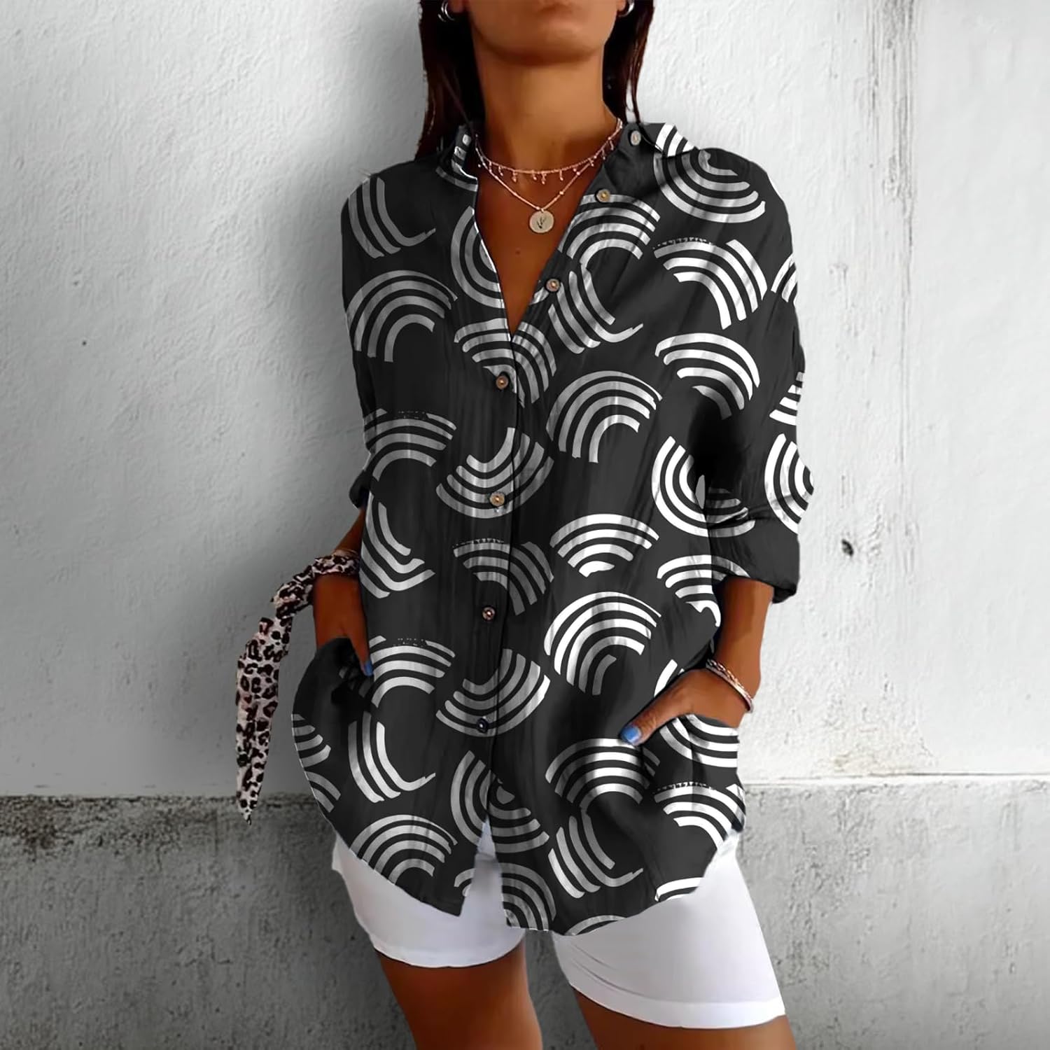 Active Tops for Women Button Up Loose V Neck Collar Hippie Blouses Three-Quarter Sleeve Basic Tops - Image 2