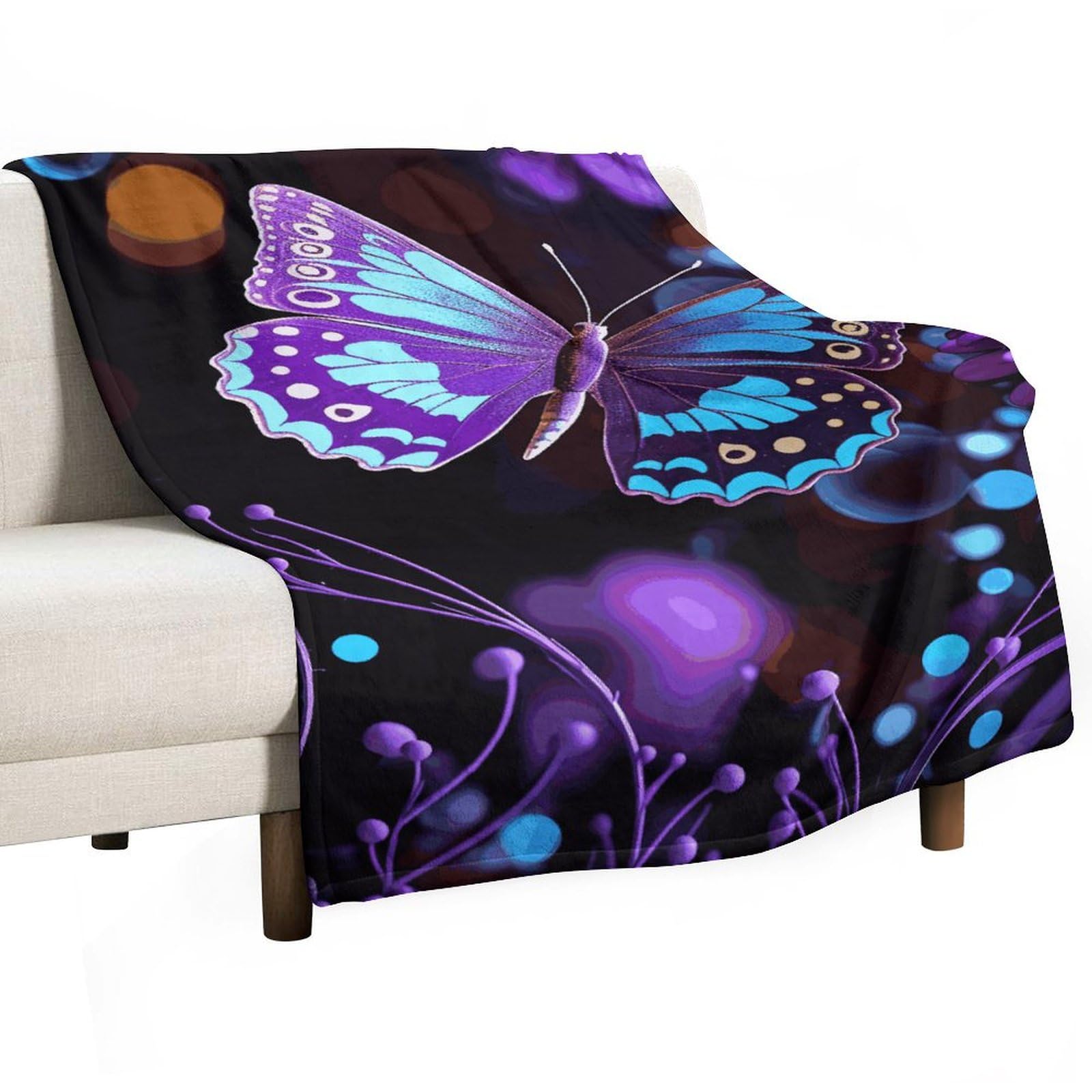 Couverture en flanelle douce haut de gamme motif papillons violets élégants