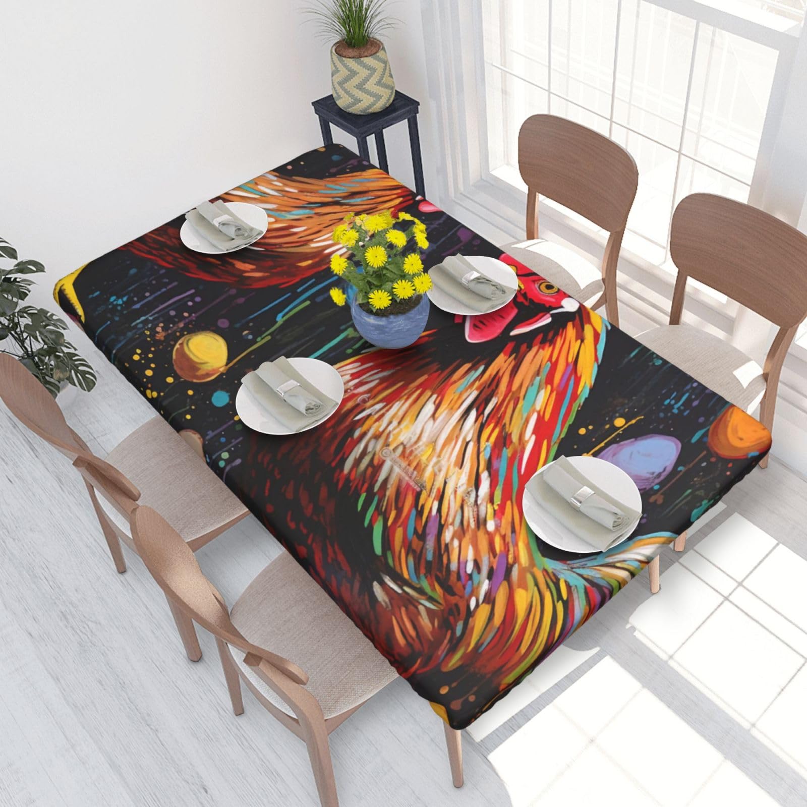 DCARSETCV Chicken Print Printed 4FT Waterproof Tablecloth with Elastic Edged Protect & Decor Your Table, Oil-proof Washable Table Cloth Cover for Dinner Picnic Party