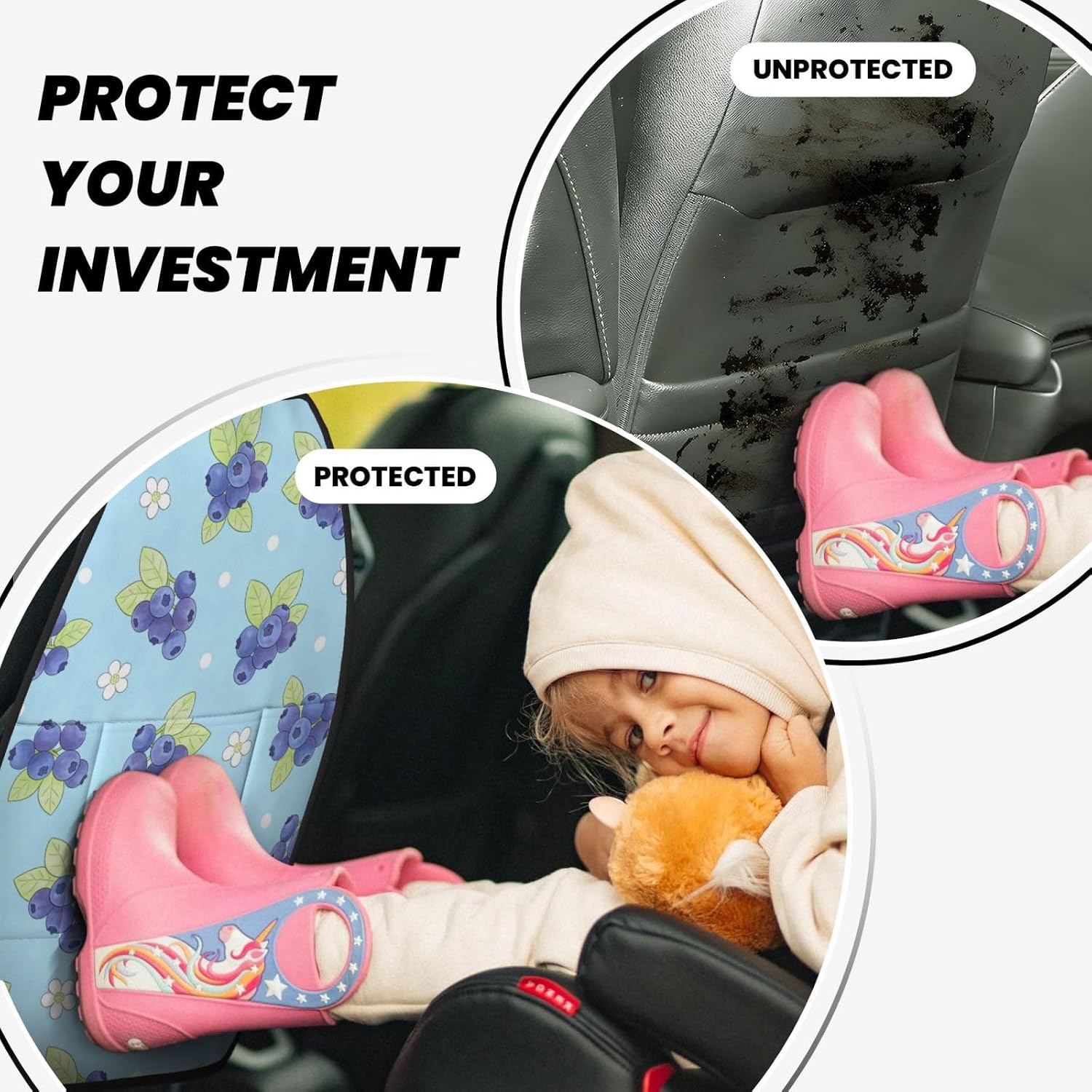 Fresh Blueberry Fruit Garden Floral Pattern Car Seat Back Kick Protector 2 Pack, 18.5x26.4 Inch Anti-Kick Pad, Waterproof Oxford Fabric Large Rear Seat Cover for Kids Pets Fits SUV Jeep Truck