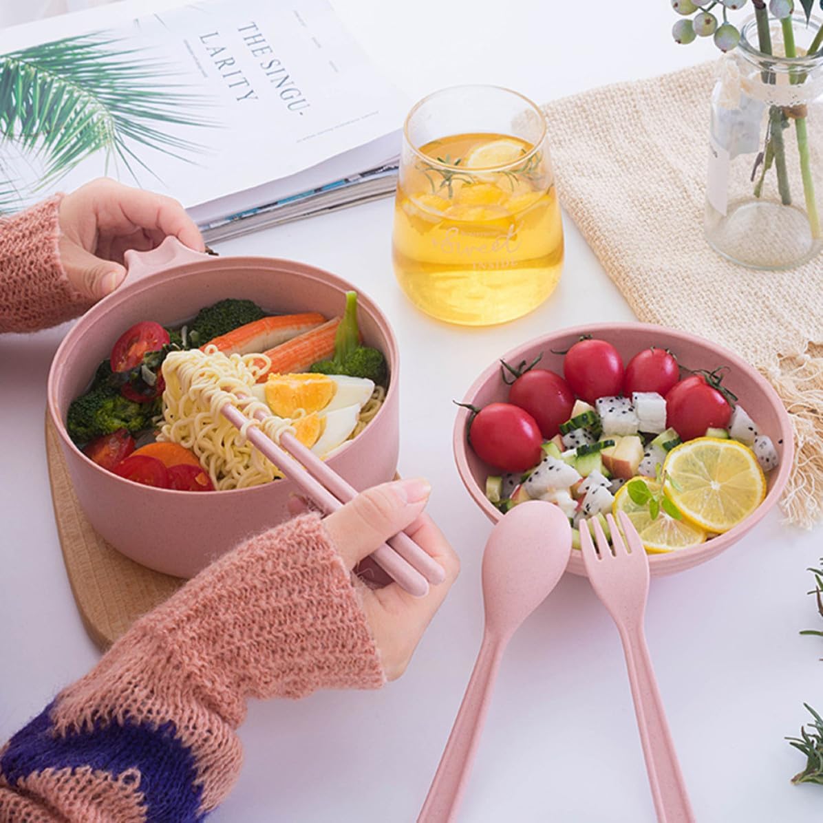 VICASKY Wheat Straw Bowl with Lid and Spoon Set Sturdy Kitchen Tableware with Chip Resistance and Smooth round Edges for Office Food Serving and Instant Noodles