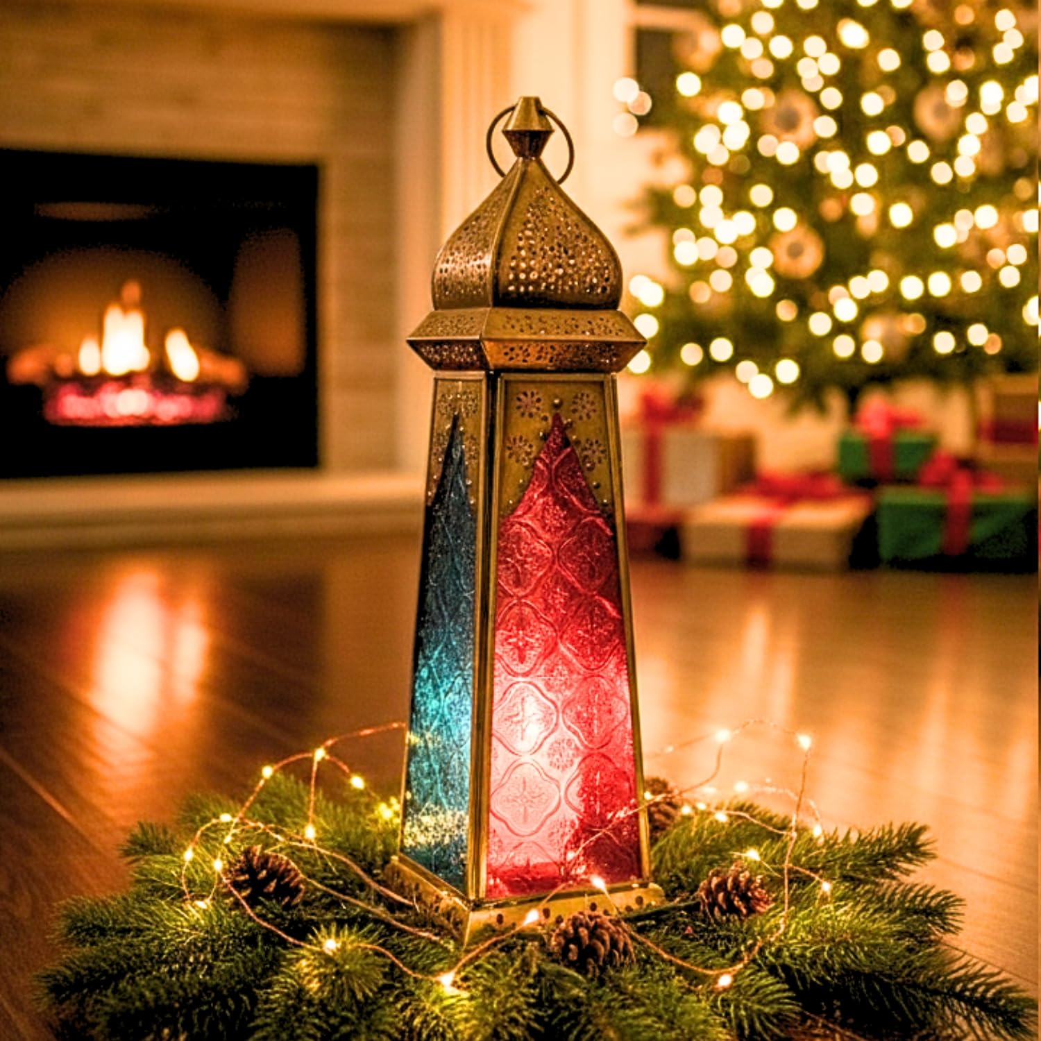 Ramadan Lantern - Large fanoos Arabic Moroccan Lanterns for Indoor & Outdoor Hanging Gold Tealight Candle Holder Home Décor Metal Lanterns for Garden Floor 1 pc (Red Blue)