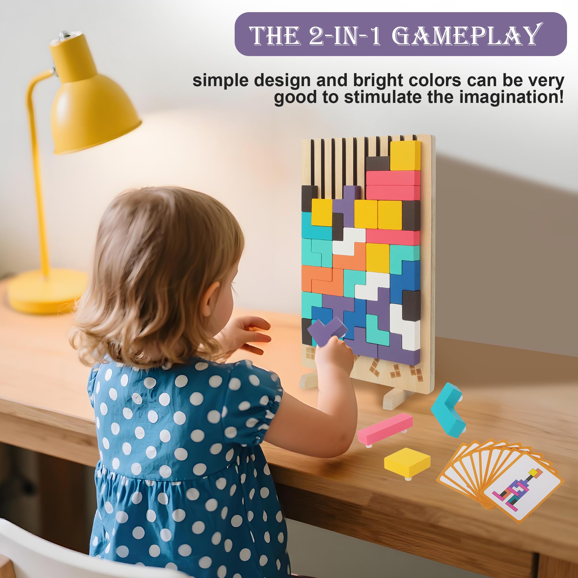Gioco Impilabile in Legno Tetris, Giocattoli Educativi, con 10 Carte, Intelligenza Jigsaw, Puzzle Bambini 3 4 5 6 Anni, Colorato Blocchi Geometrici Tetris, Regalo Educativi