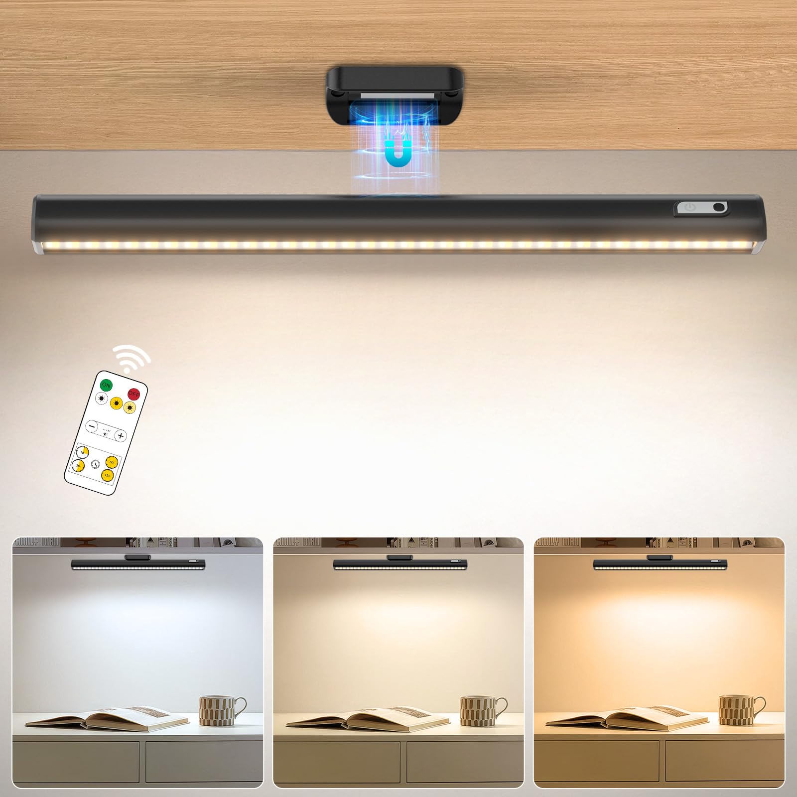 Onforu 5W Magnetic Light Bar, 4000mAh Rechargeable Under Cabinet Lighting, 3 Colors Adjustable Makeup Lights, Stick on Touch Light, Dimmable Wall Strip Lights for Cabinet, Kitchen, Closet, Desk