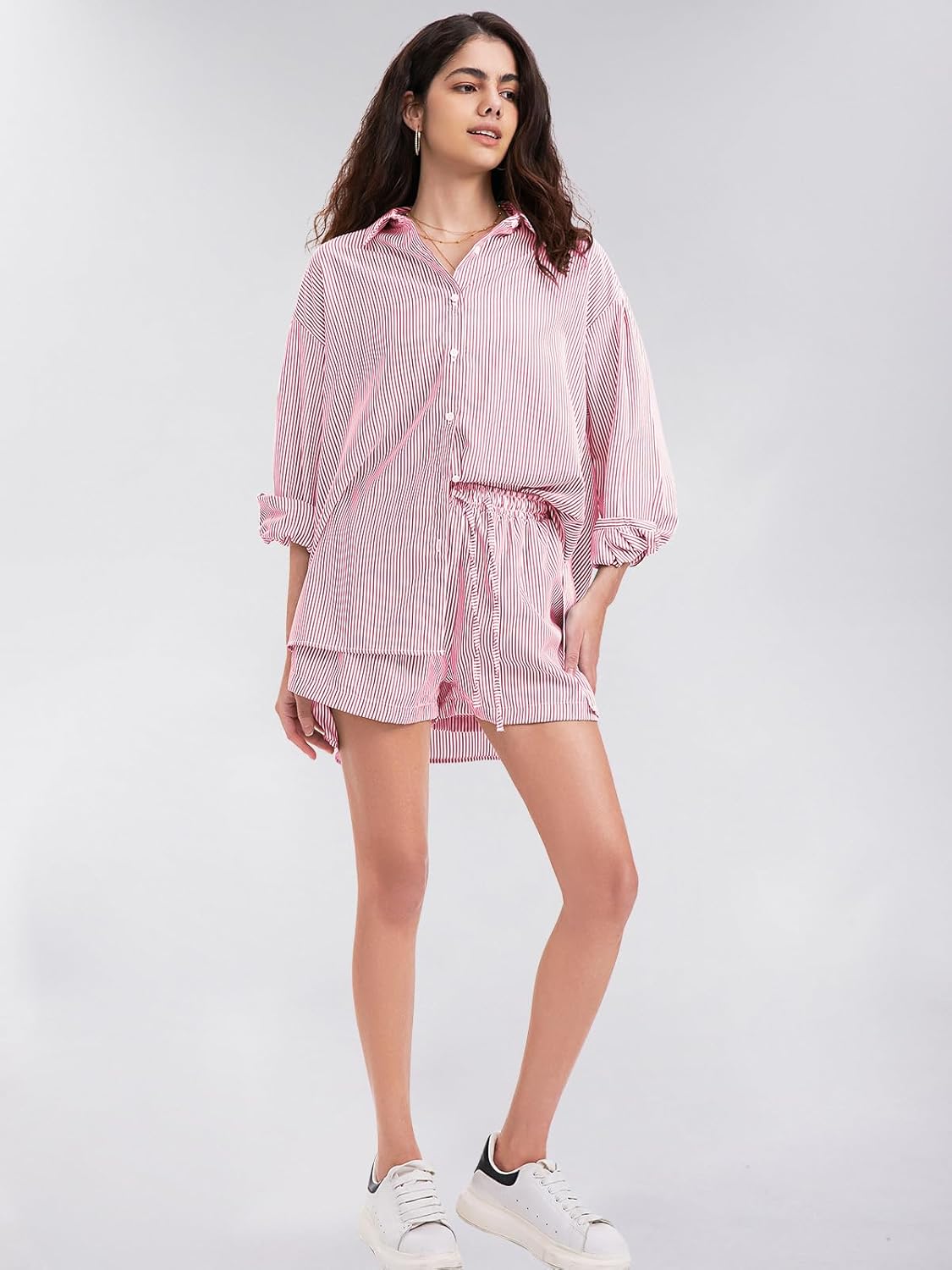 EXLURA Women's Cotton Summer 2 Piece Sets Long Sleeve Button Down Shirts Matching Short Sets Beach Vacation Cruise Outfits