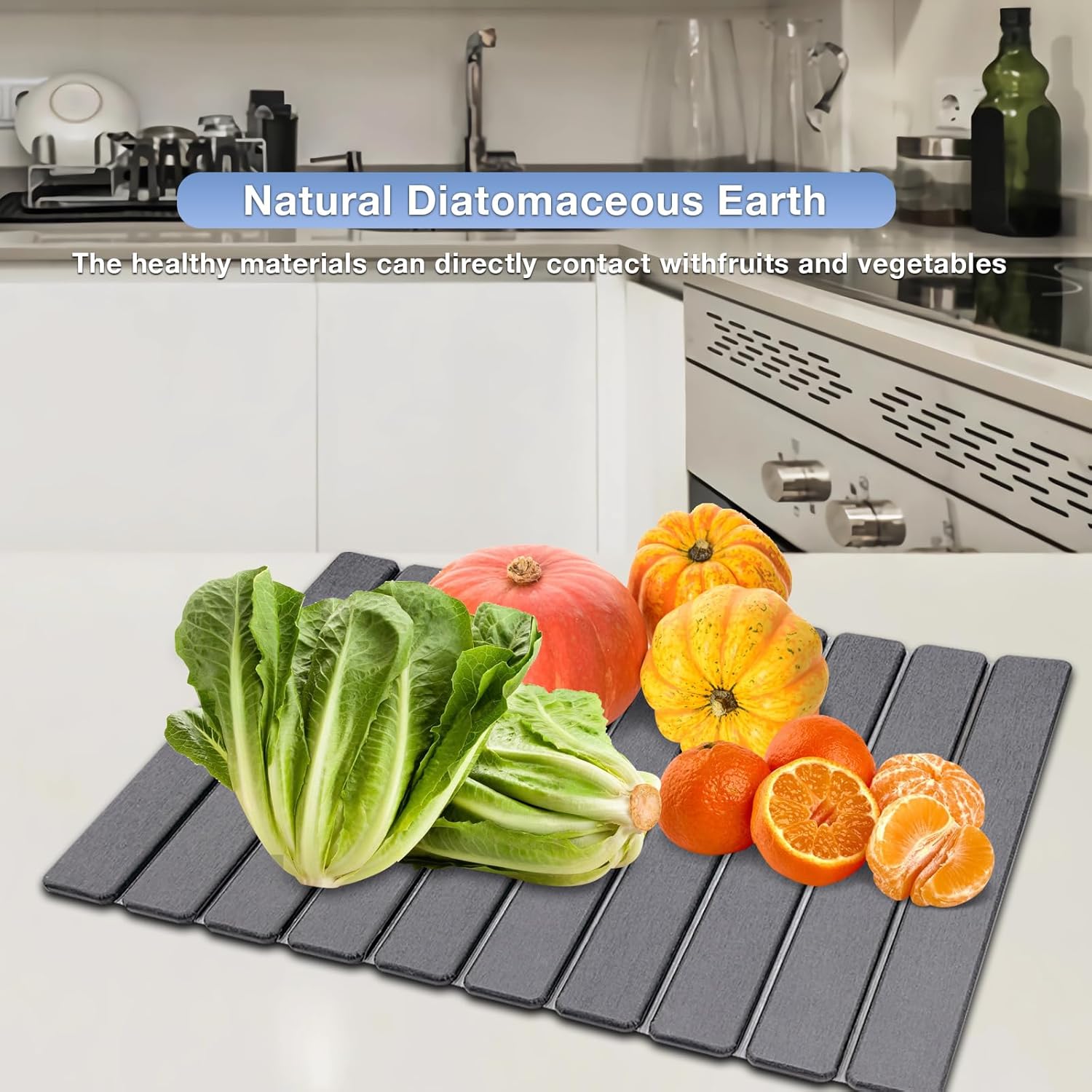 RAIN SPIRIT Large Stone Dish Drying Mat for Kitchen Counter, Diatomaceous Earth Quick Dry Stone Drying , Collapsible Dish Mat Dish Pads for Drying 24"×16" grey