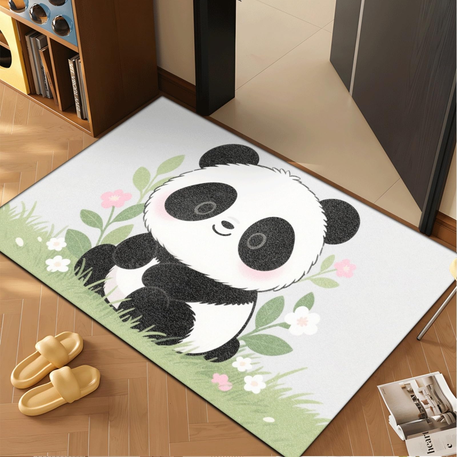 Tapis Entree Interieur Noir Panda Mignon Tapis D'entrée Facile à Nettoyer Antidérapant Lavable en Machine pour Chambre Cuisine Couloir Paillasson Interieur Exterieur 80x120 cm