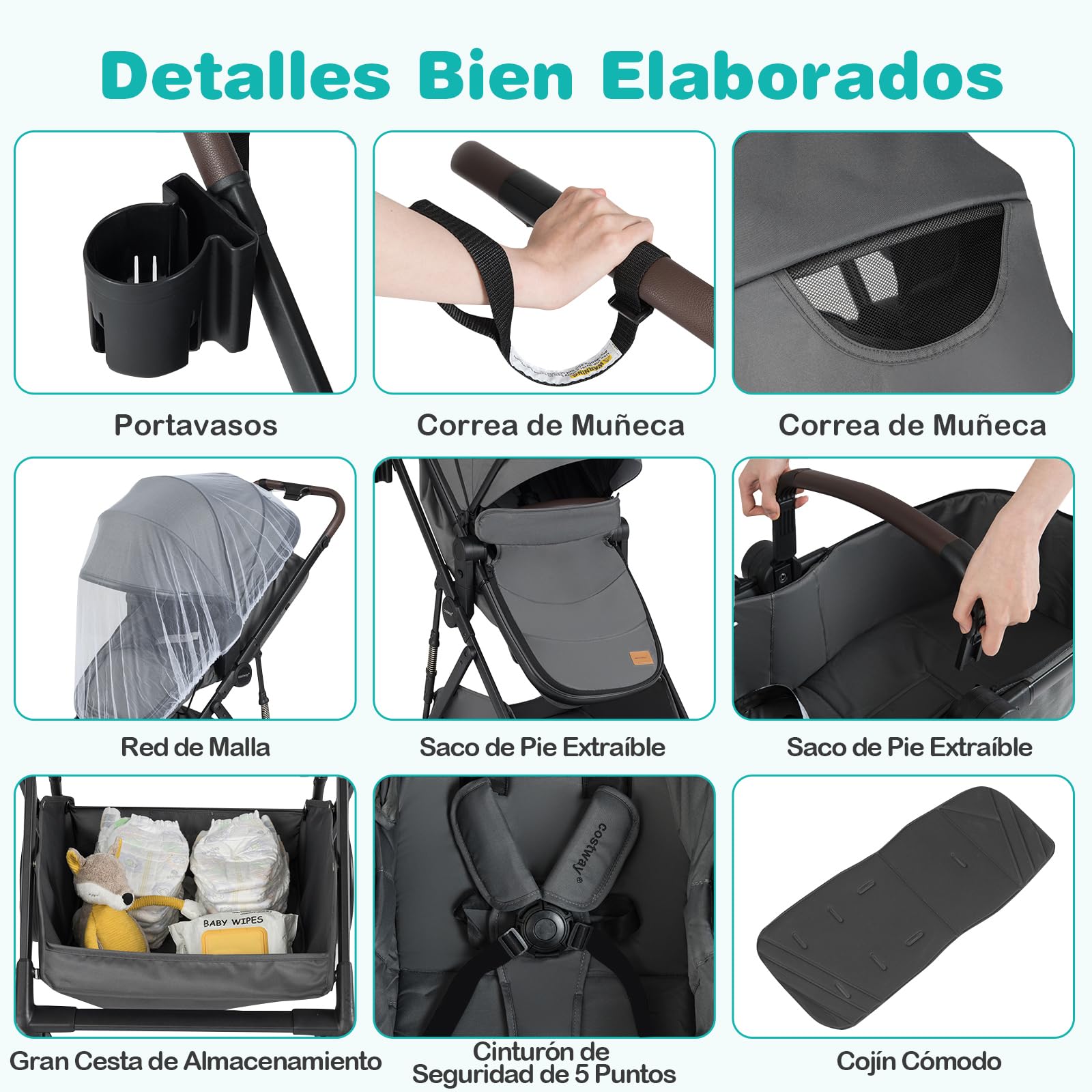 COSTWAY Silla de Paseo Bebe, 2 en 1 Cochecito de Bebe Plegable con Modo Capazo, Cochecito Convertible para Niños con Asiento Reversible, Capota y Respaldo Ajustables (Gris)