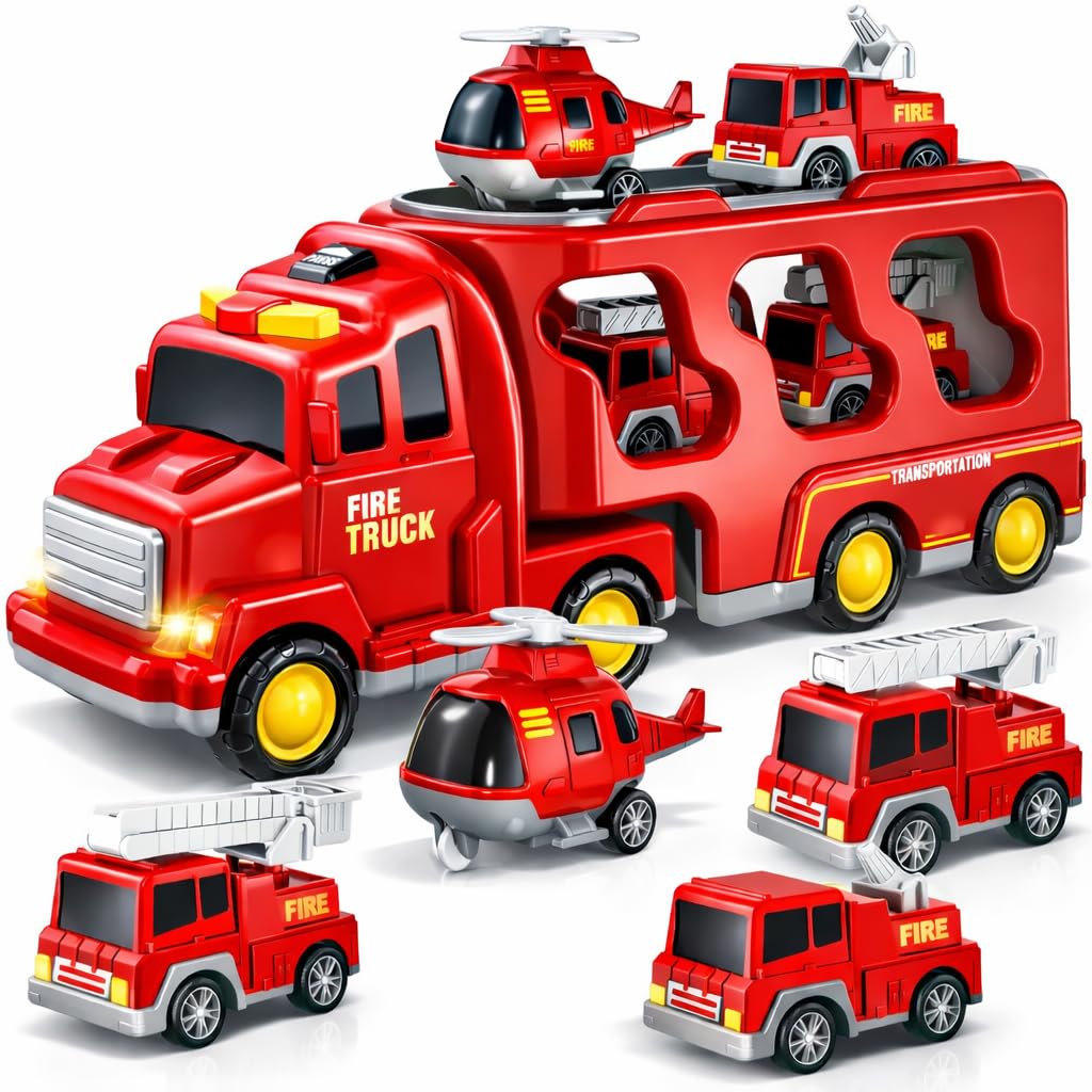 5-in-1 Feuerwehr-Spielzeug für Kleinkinder Jungen & Mädchen, Friktions-Auto-Transporter mit Licht & Sound, Geburtstagsgeschenk für Kinder 4 5 6 Jahre