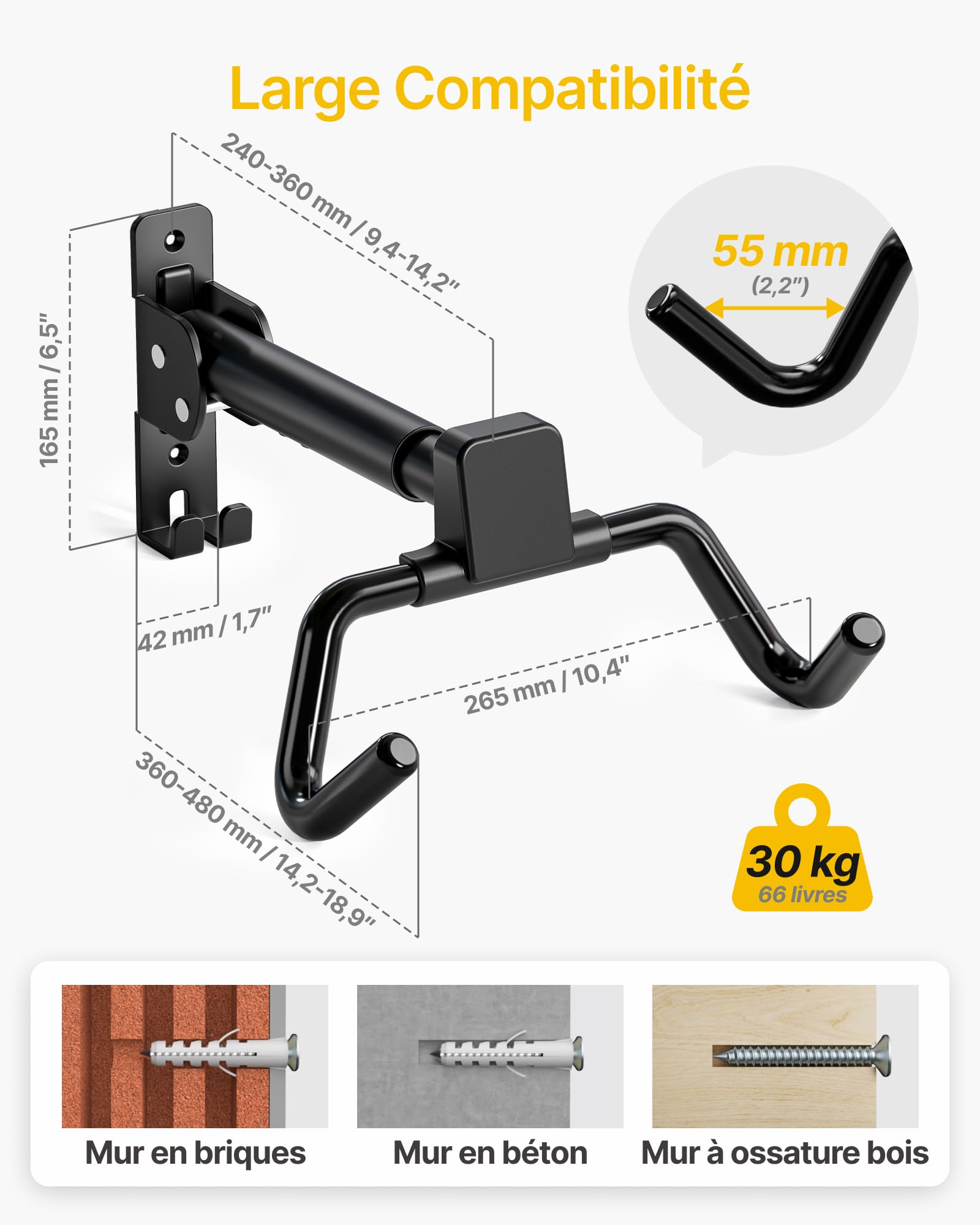 monTEK Support Mural Vélo de Course Pliable, Charge Max 30Kg | Support de Cintre de Vélo Mural, Crochet Mural Pour Vélo de Course, Angle et Distance Par Rapport au Mur Réglable