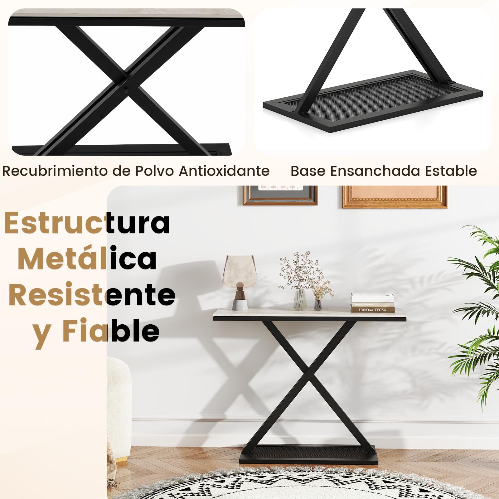 COSTWAY Mesa Consola con Encimera de Mármol, Mesita de Entrada con Marco Metálico, Mesa para Recibidor con Almohadillas Ajustables para Salón, Pasillo, Recibidor, 100 x 40 x 77,5 cm